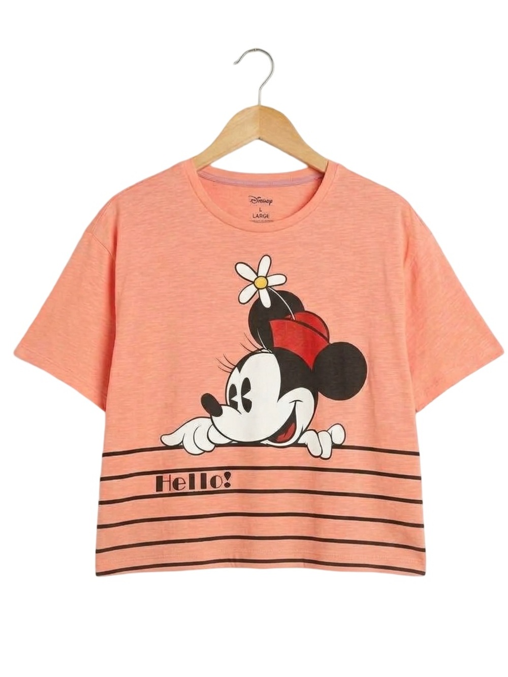 Disney Minnie Mouse Tee Womens Large Pink Peach Graphic Striped Hello goodbye